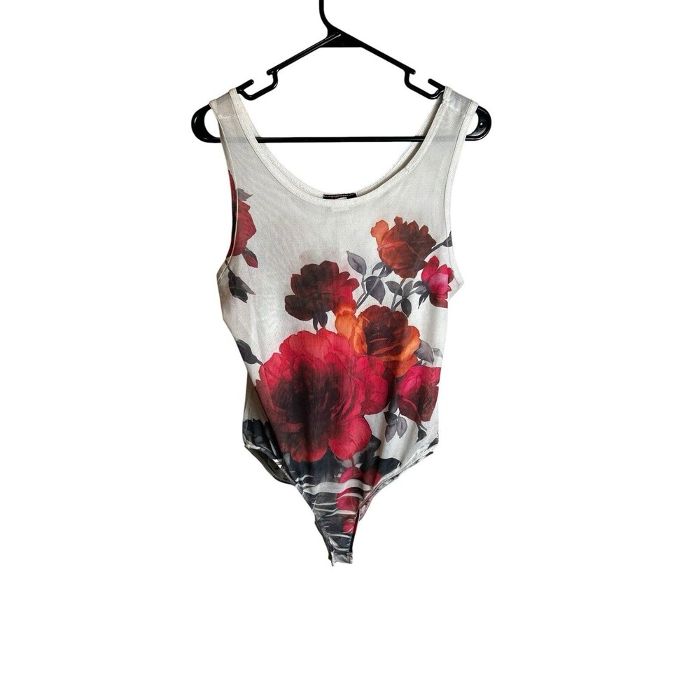 Blush Mesh Bodysuit Women Size 1X Red Floral Scoop Neck Sleeveless